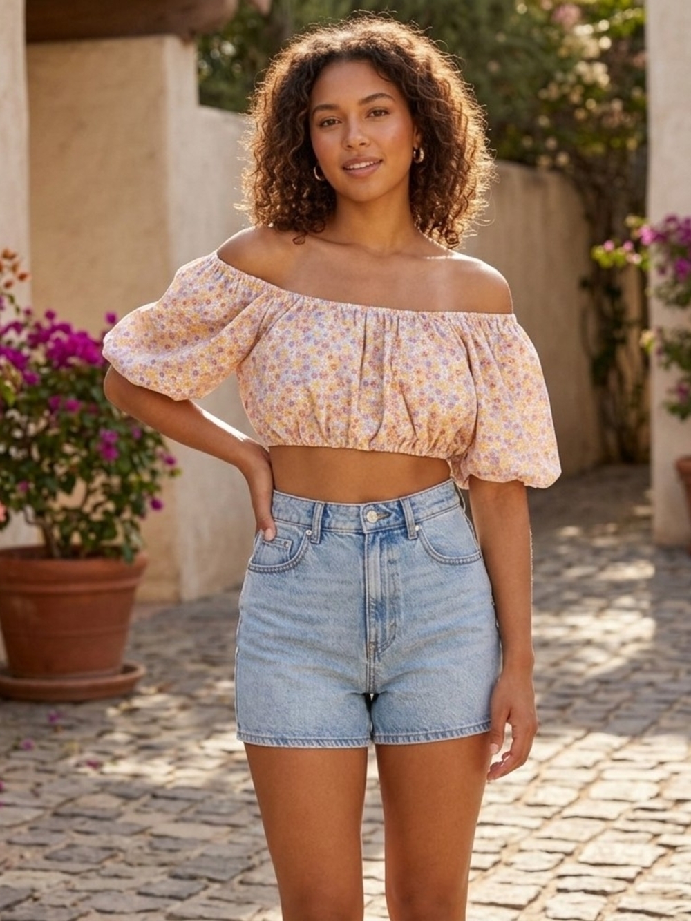 Zara Yellow Floral Off-Shoulder Crop Top